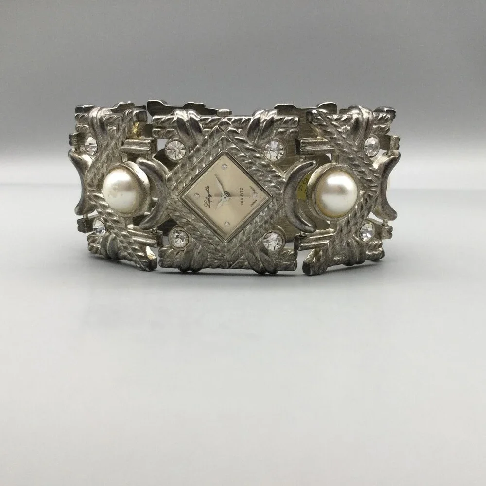 Lafayette Womens Watch 35mm Silver Tone Faux Pearl Crystals New Battery 6.25